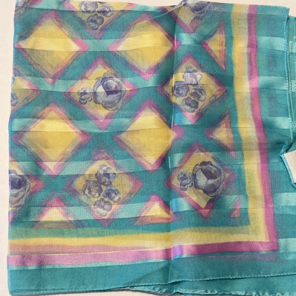 Jaclyn Smith Vintage Made in Italy Turquoise Floral Diamond Square Scarf 90s - Picture 2 of 7
